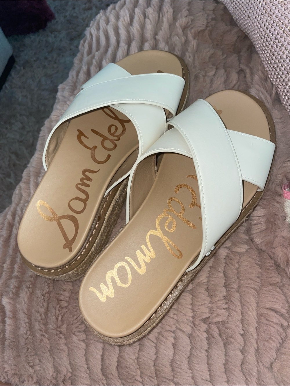 Sam Edelman White Crisscross Slide Sandals with Jute-Trim Platform